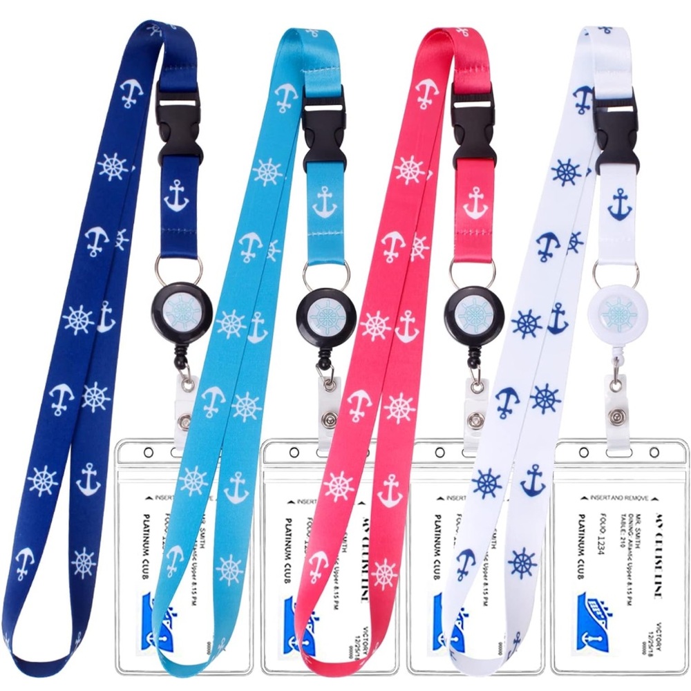 Retractable cruise lanyards, pack of 4 Navy Blue, Pink Red, White, Cyan-blue